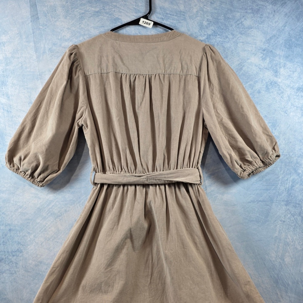 Velvet Heart Tan Corduroy Puff Sleeve Mini Dress V-Neck Ruffle Hem Small - Picture 8 of 8